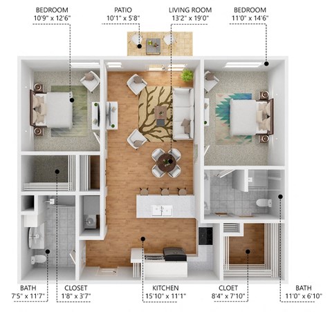 Floor plan for 2 beds, 2 baths, 1114 sqft